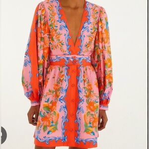 Farm Rio Orange Sicily Flowers Scarf Mini Dress